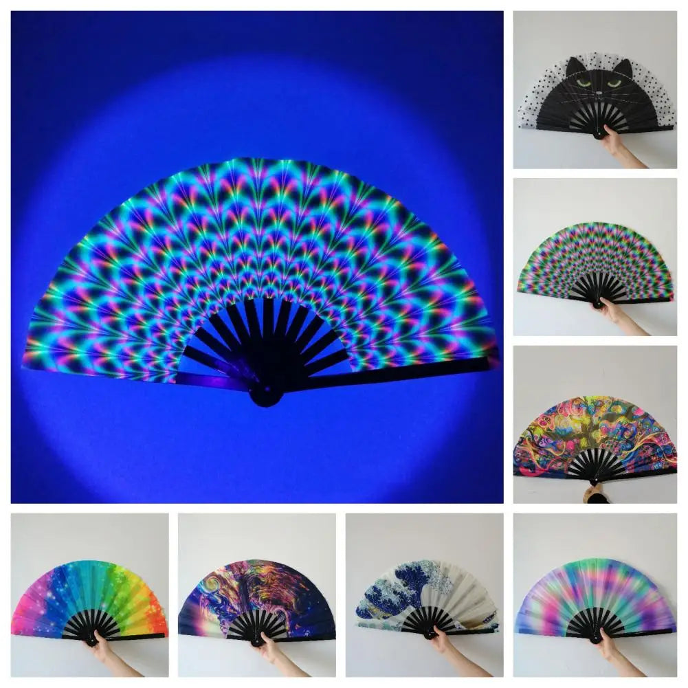 Holographic Fan – Colorful Bamboo Rave Fan - Color Shrooms